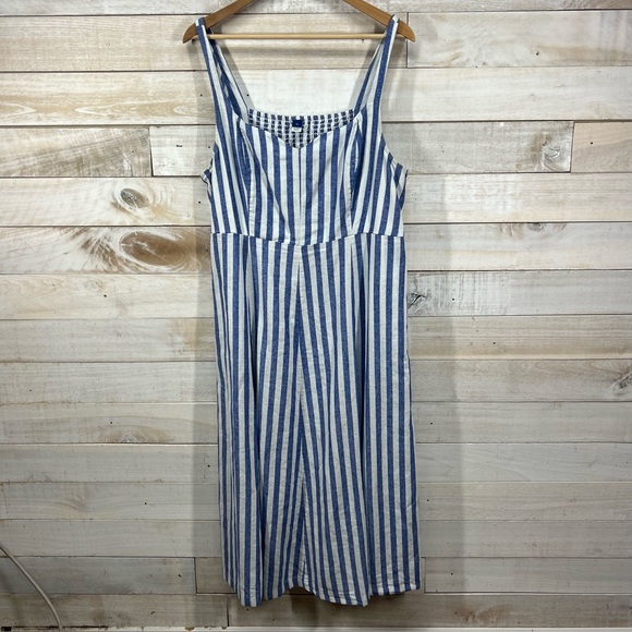 Old Navy Midi Dress Womens XL Blue White Stripe SundressSmock Back Linen Blend - Picture 3 of 13